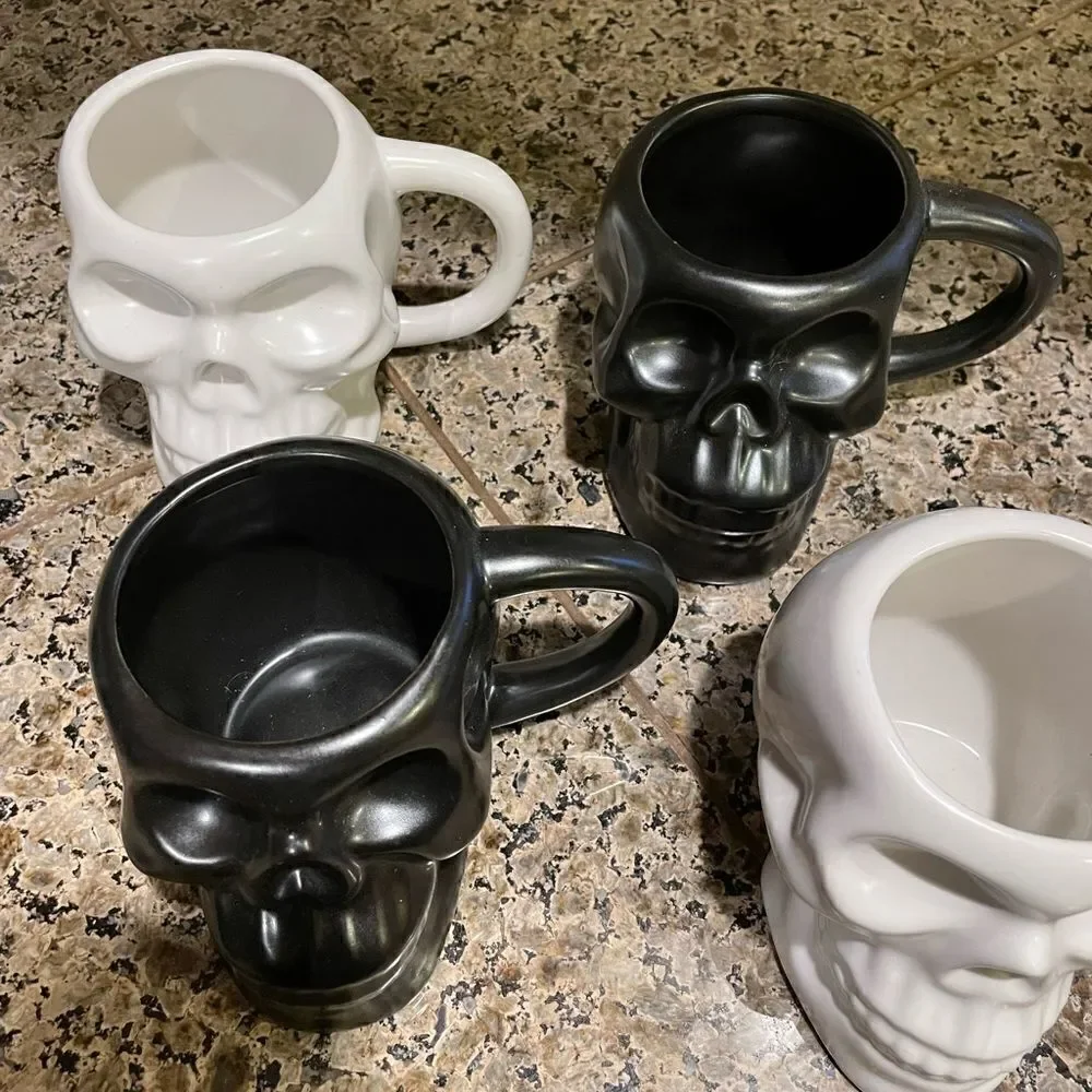 Hyde and EEK Stoneware Skull Mugs  Set of 4 with 3 Shot Glasses